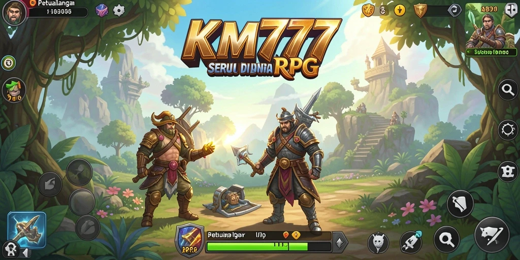 Antarmuka permainan RPG KM777 yang menawan dan penuh warna.