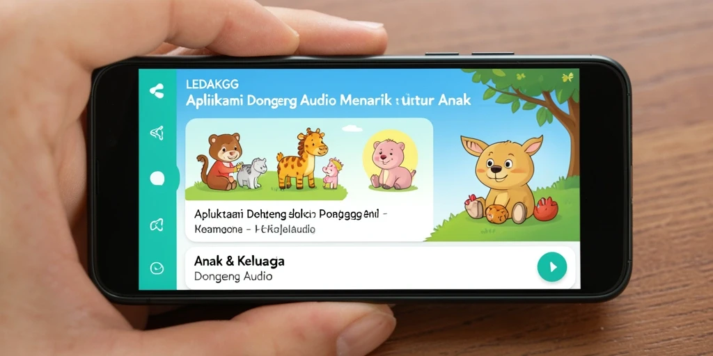 Antarmuka aplikasi Dongeng Audio LEDAKGG yang ramah anak.